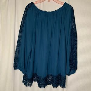 Zac & Rachel Dark Teal Blouse Balloon Sleeve Elastic Cuff Lace Trim Large